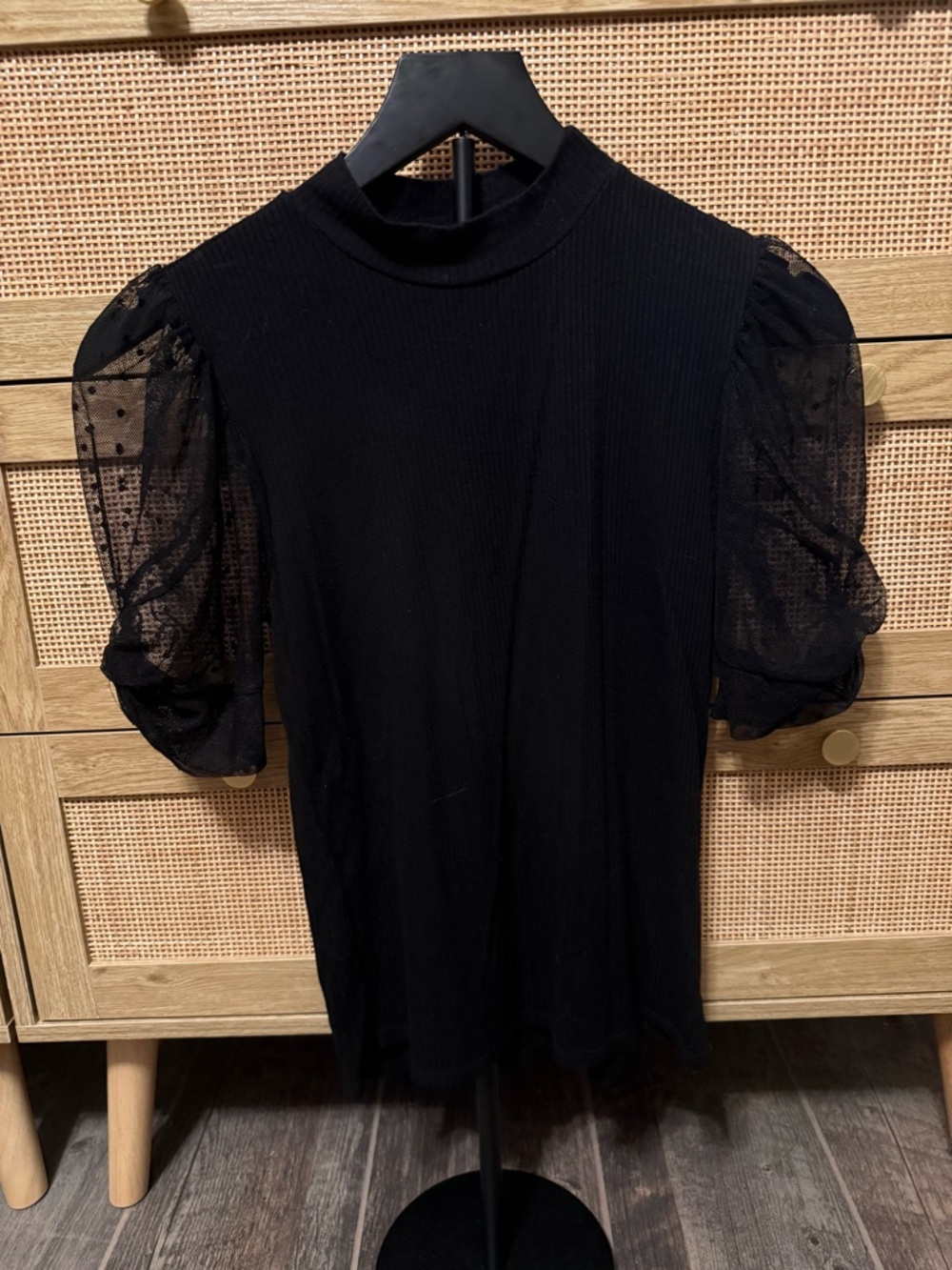 Moa Moa Black Ribbed Tee with Sheer Puff Dotted Sleeves